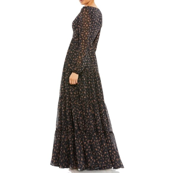 Mac Duggal‎ 55431 Size 0 Black Floral Long Sleeve V-Neck Tiered Maxi Dress Gown - Picture 2 of 3